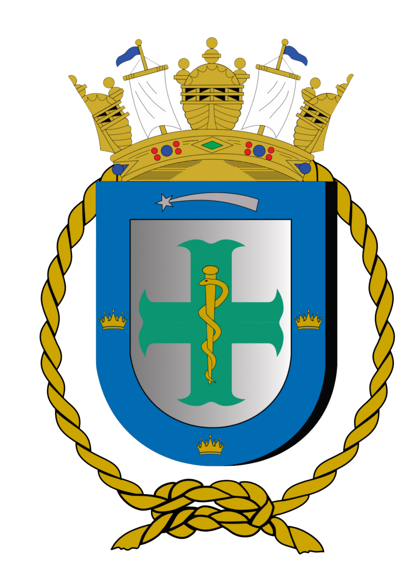 escudo boleado, encimado pela coroa noval e envolto por uma elipse feita de um cabo de ouro terminado em nó di­reito, em campo de prata uma cruz ancorada de verde e car­regada do símbolo de Esculápio de ouro, posto em pala.   Borda­dura de azul, tendo uma estrela de prata com uma cauda lumi­nosa deste metal disposta em chefe e três coroas de ouro, uma em cada qual dos dois flancos e a outra em ponta.