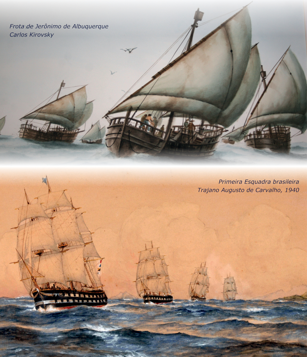Aquarela de Trajano Augusto de Carvalho datada de 1940, ilustrando a Primeira Esquadra Brasileira