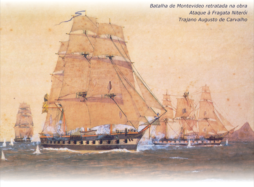 Ilustração de Trajano Augusto de Carvalho retratando o ataque à Fragata Niteroi na Batalha de Montevideo